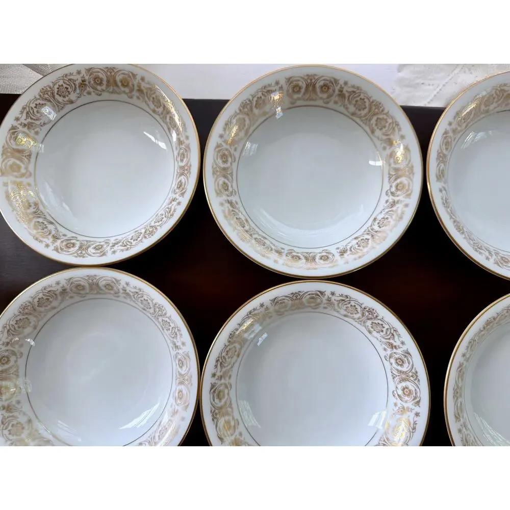 Noritake Raphael 6679 Rim Soup Bowls Set of 7 Japan Gold Scroll Floral Vintage